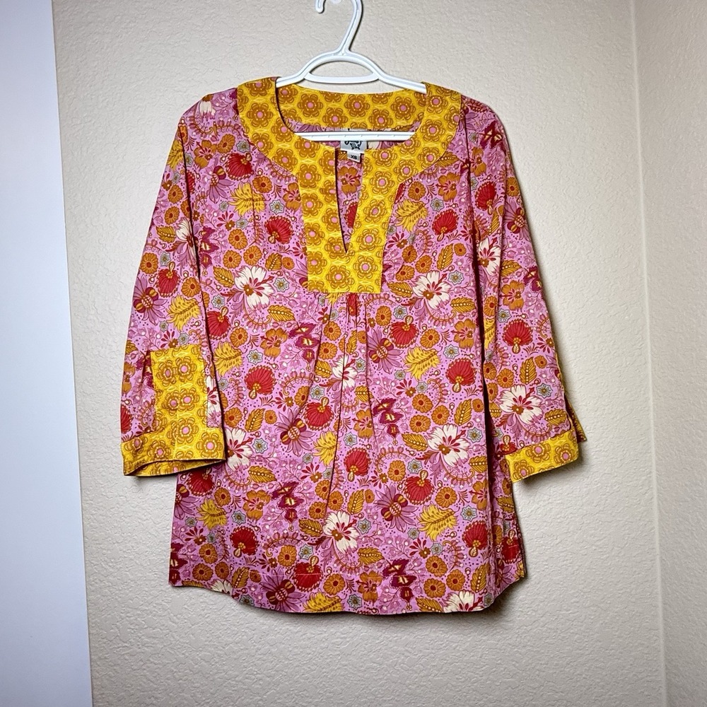 Ivy Jane Floral Tunic Women XS Pink Yellow Boho Mixed Print 3/4 Sleeve V-Neck